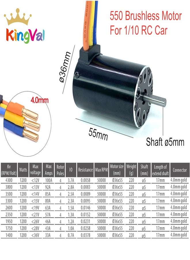 KingVal Replacement 550 4300KV Sensorless Brushless Motor Shaft Diameter 5mm Compatible with 1/10 RC Car - Image 2